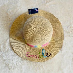 NEW w/tags Cherokee Girl's Wide Brim Beach Hat w/"Smile" & Rainbow Band